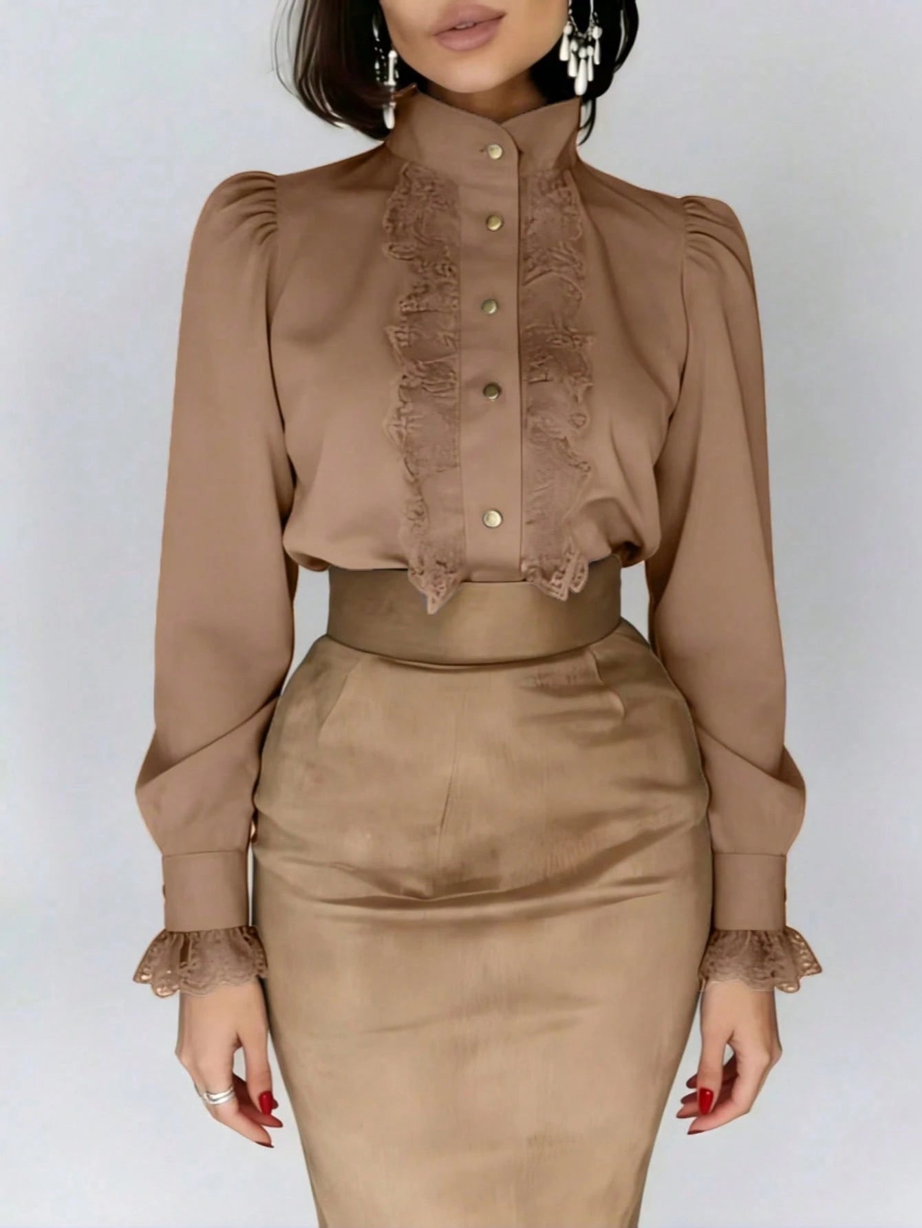 Autumn French Lace Patchwork Stand Collar High-End Blouse Back To School