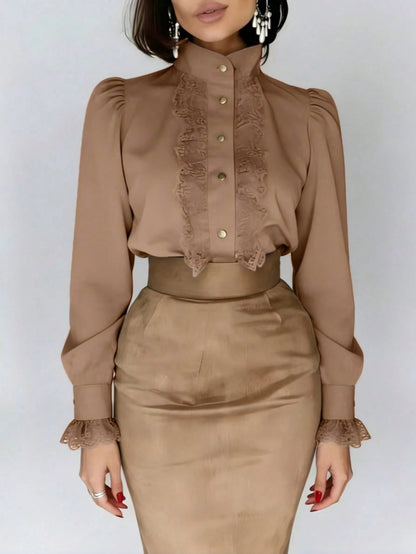 Autumn French Lace Patchwork Stand Collar High-End Blouse Back To School