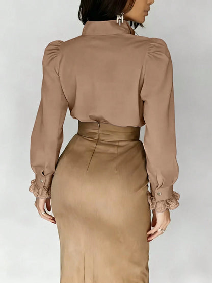 Autumn French Lace Patchwork Stand Collar High-End Blouse Back To School