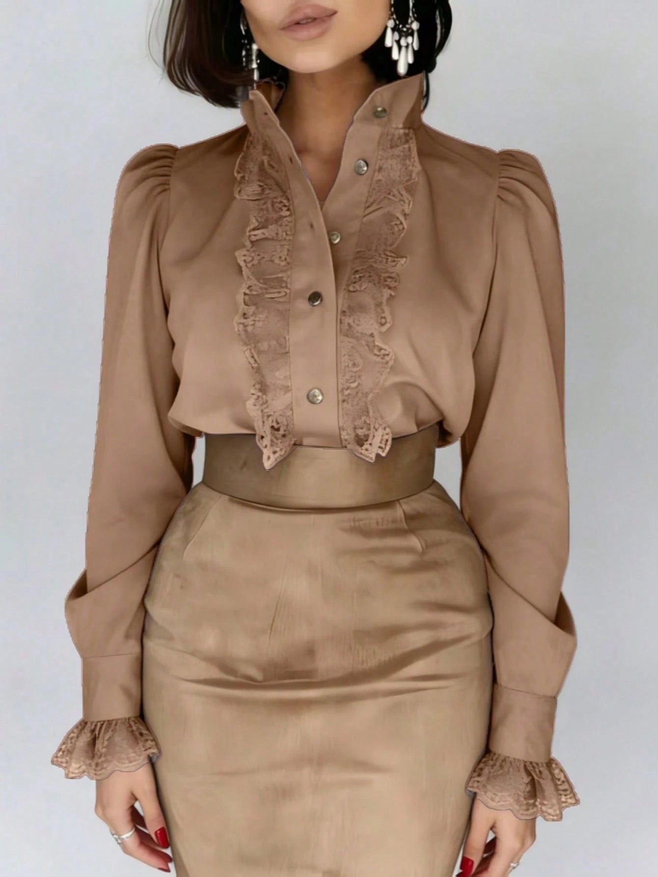 Autumn French Lace Patchwork Stand Collar High-End Blouse Back To School