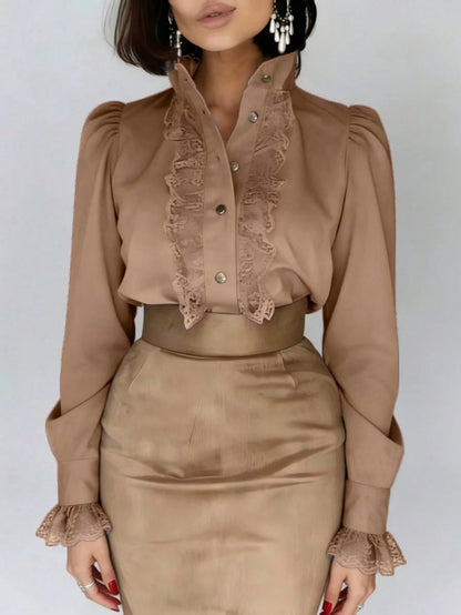 Autumn French Lace Patchwork Stand Collar High-End Blouse Back To School