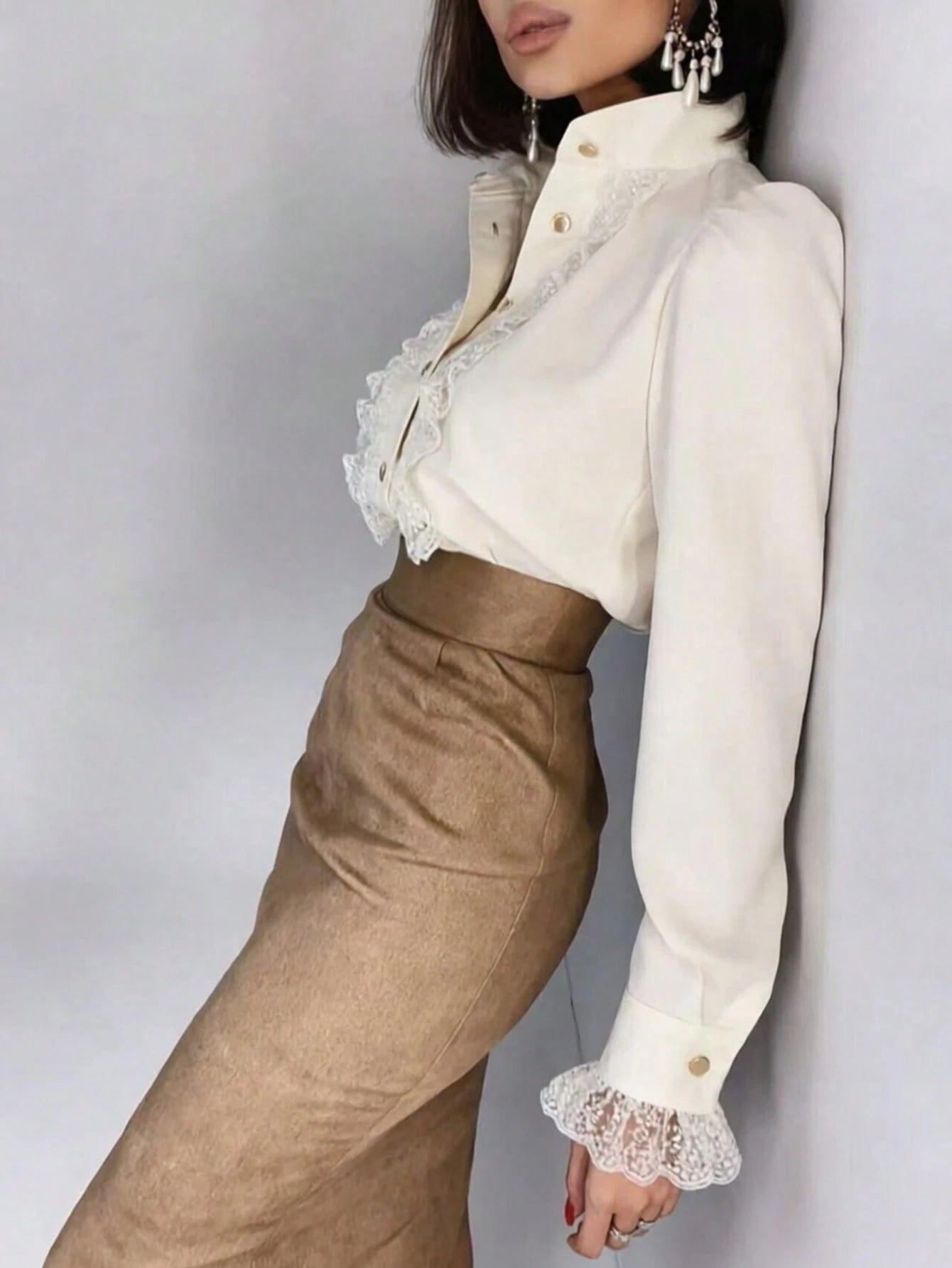 Autumn French Lace Patchwork Stand Collar High-End Blouse Back To School