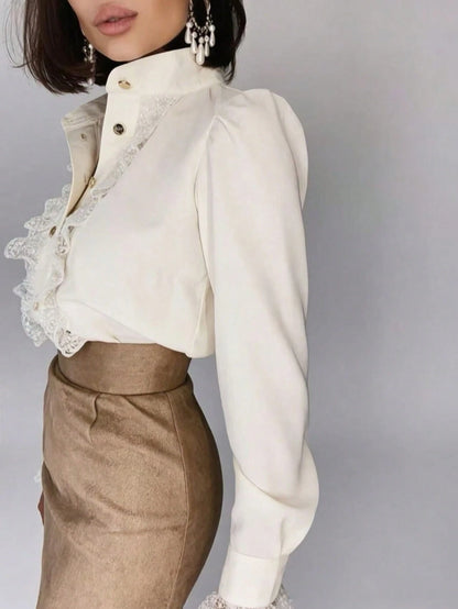 Autumn French Lace Patchwork Stand Collar High-End Blouse Back To School