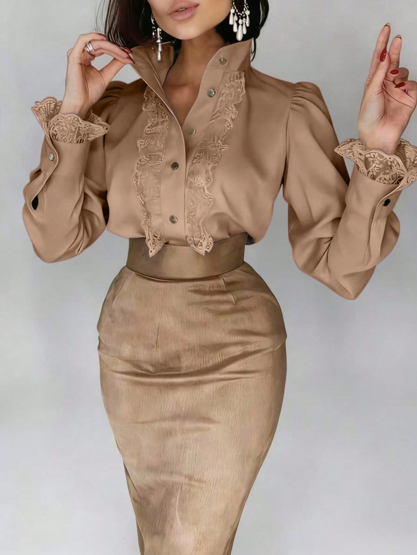 Autumn French Lace Patchwork Stand Collar High-End Blouse Back To School