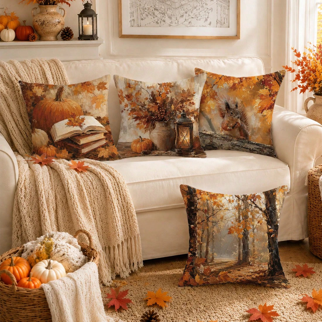 Autumn Vintage Forest Oil Painting Pumpkin & Squirrel Cushion Cover 4pcs Set, Single-Sided Printed Peach Skin Velvet Polyester Material, 45*45CM/18*18inch Pillow Covers Suitable For Room Decoration, M