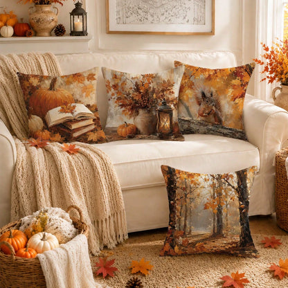 Autumn Vintage Forest Oil Painting Pumpkin & Squirrel Cushion Cover 4pcs Set, Single-Sided Printed Peach Skin Velvet Polyester Material, 45*45CM/18*18inch Pillow Covers Suitable For Room Decoration, M