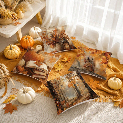 Autumn Vintage Forest Oil Painting Pumpkin & Squirrel Cushion Cover 4pcs Set, Single-Sided Printed Peach Skin Velvet Polyester Material, 45*45CM/18*18inch Pillow Covers Suitable For Room Decoration, M