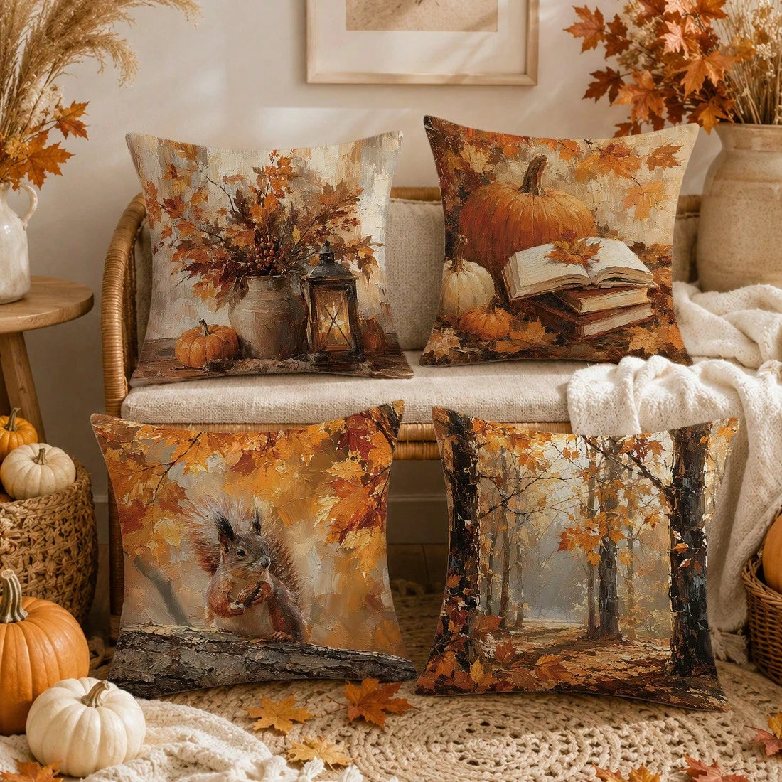 Autumn Vintage Forest Oil Painting Pumpkin & Squirrel Cushion Cover 4pcs Set, Single-Sided Printed Peach Skin Velvet Polyester Material, 45*45CM/18*18inch Pillow Covers Suitable For Room Decoration, M