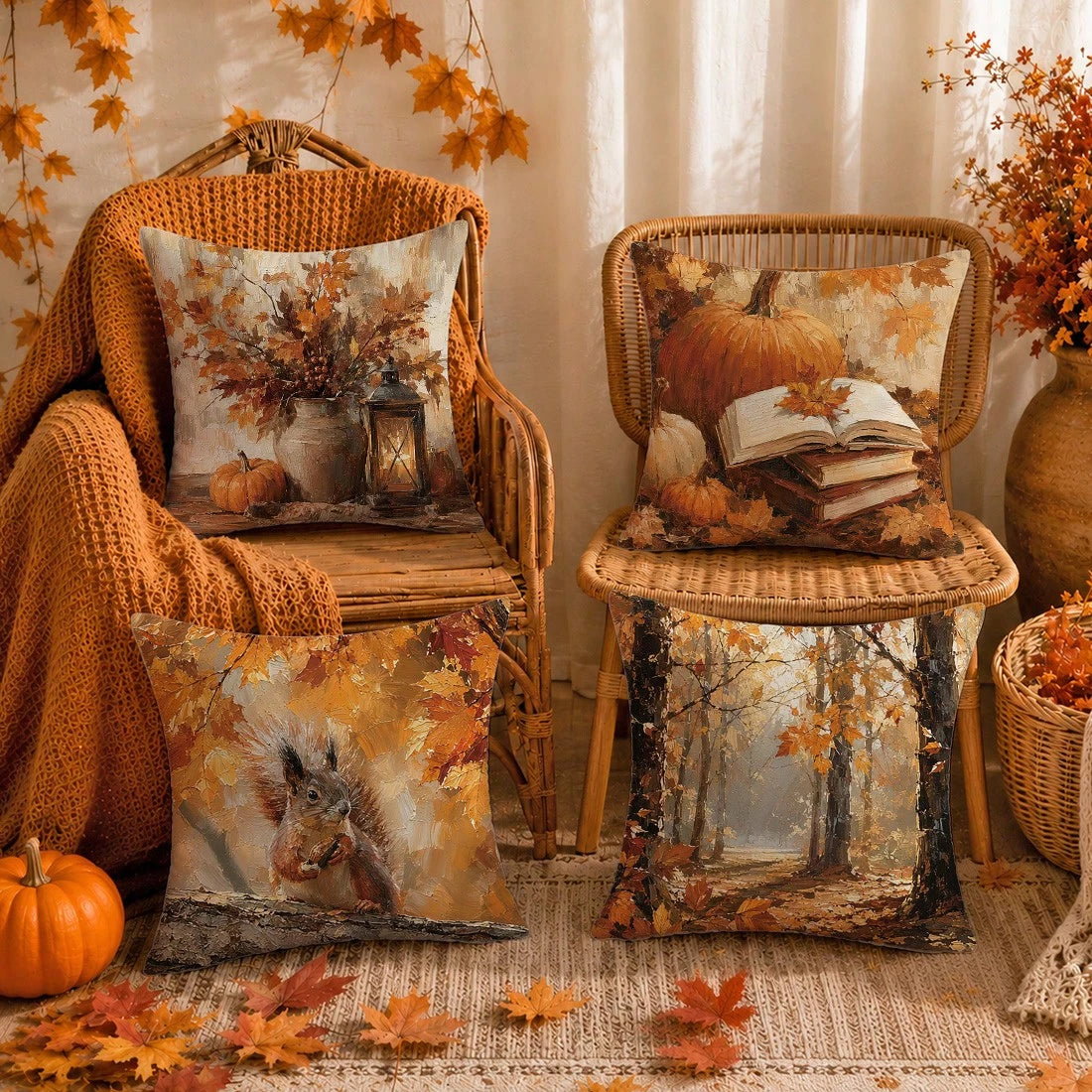 Autumn Vintage Forest Oil Painting Pumpkin & Squirrel Cushion Cover 4pcs Set, Single-Sided Printed Peach Skin Velvet Polyester Material, 45*45CM/18*18inch Pillow Covers Suitable For Room Decoration, M
