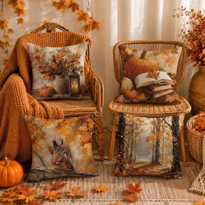 Autumn Vintage Forest Oil Painting Pumpkin & Squirrel Cushion Cover 4pcs Set, Single-Sided Printed Peach Skin Velvet Polyester Material, 45*45CM/18*18inch Pillow Covers Suitable For Room Decoration, M
