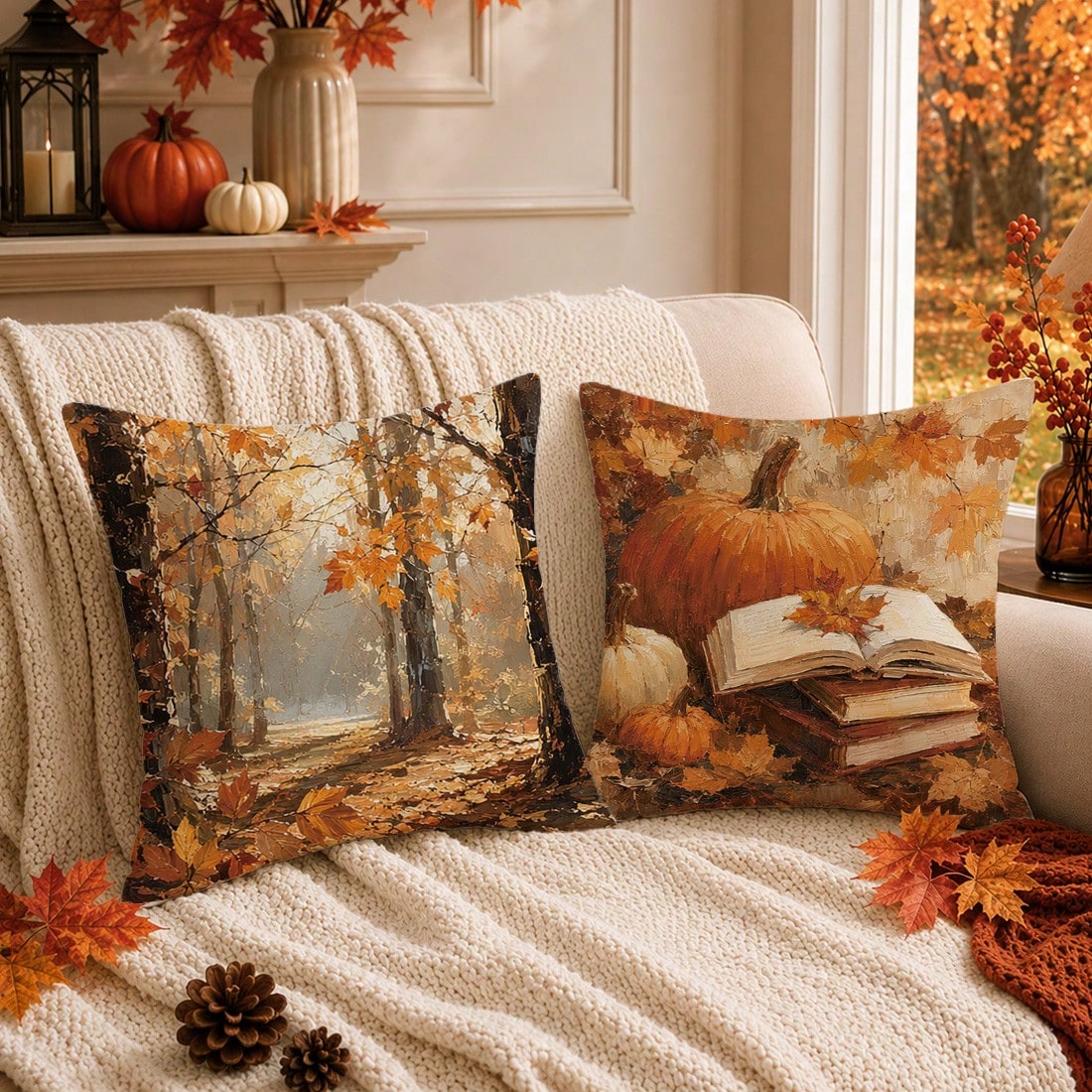 Autumn Vintage Forest Oil Painting Pumpkin & Squirrel Cushion Cover 4pcs Set, Single-Sided Printed Peach Skin Velvet Polyester Material, 45*45CM/18*18inch Pillow Covers Suitable For Room Decoration, M