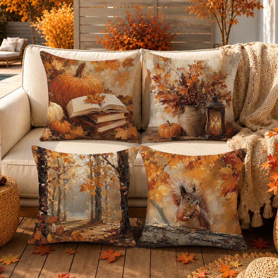 Autumn Vintage Forest Oil Painting Pumpkin & Squirrel Cushion Cover 4pcs Set, Single-Sided Printed Peach Skin Velvet Polyester Material, 45*45CM/18*18inch Pillow Covers Suitable For Room Decoration, M
