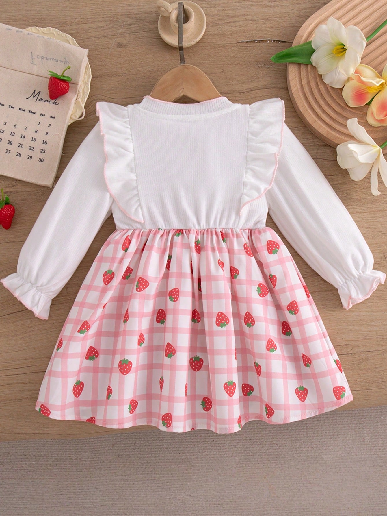 Autumn/Winter Sweet Princess Style Strawberry Bow Patchwork Long Sleeve Dress For Baby Girls