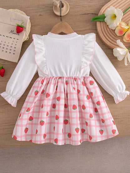 Autumn/Winter Sweet Princess Style Strawberry Bow Patchwork Long Sleeve Dress For Baby Girls
