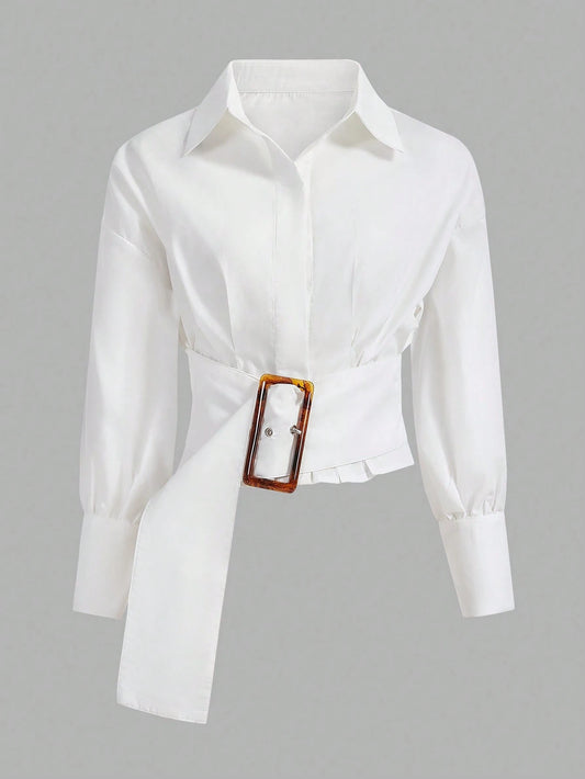 Aveloria Modichic Solid Drop Shoulder Buckle Detail Shirt  Fall Cloth For Women