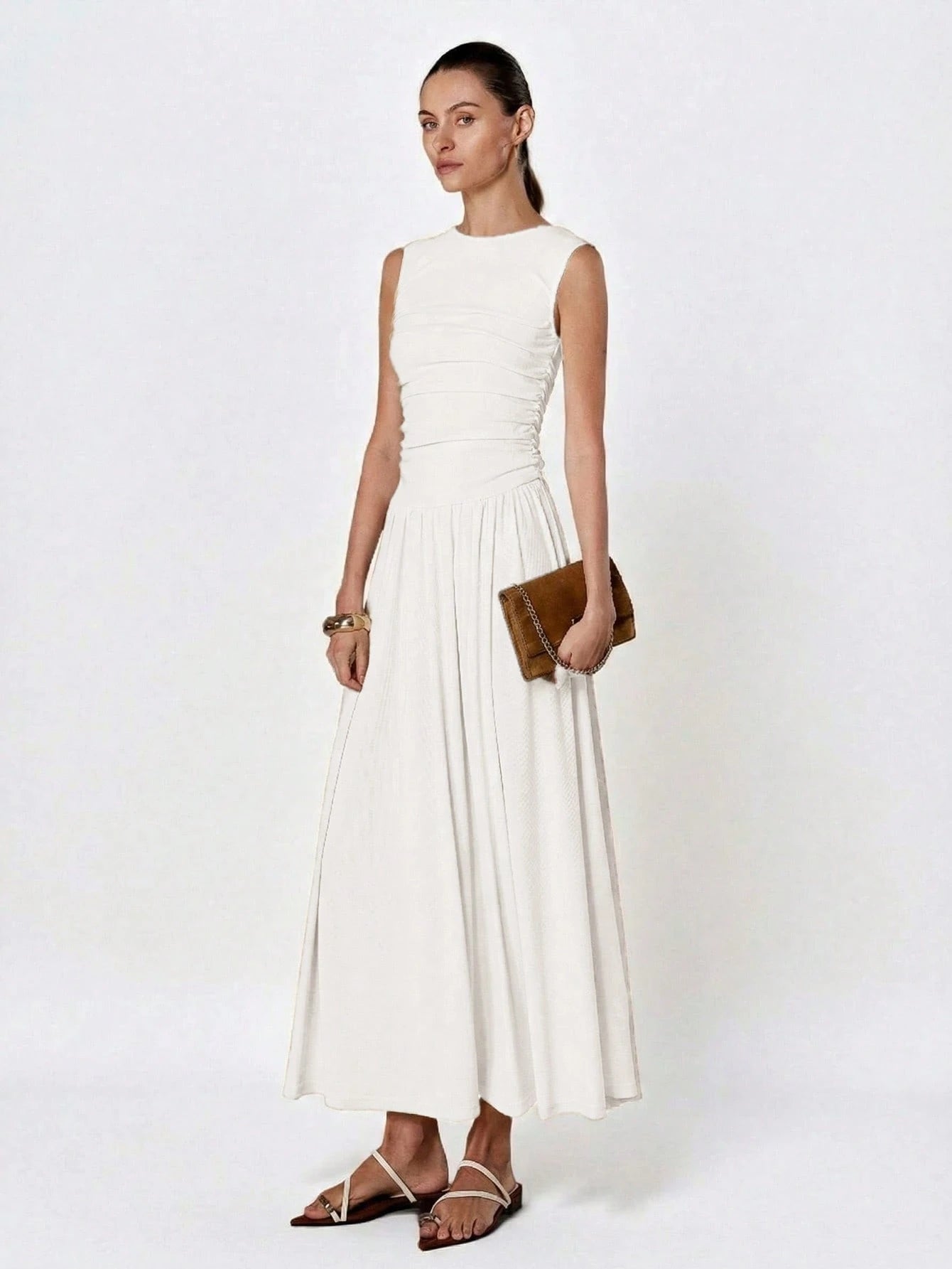 Aveloria Modichic White Minimalist Elegant Pleated Round Neck Sleeveless Dress