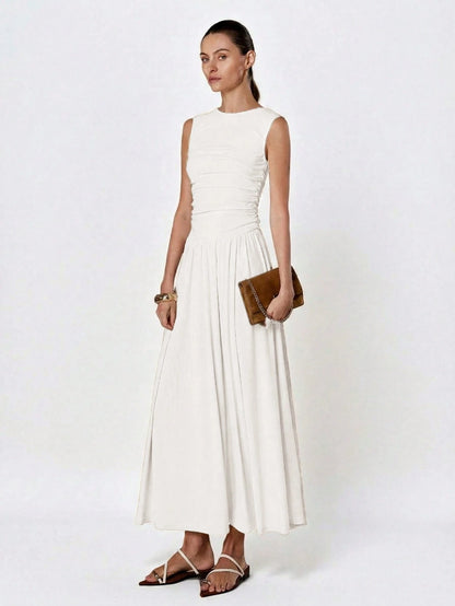 Aveloria Modichic White Minimalist Elegant Pleated Round Neck Sleeveless Dress