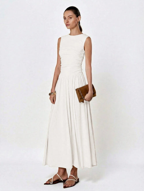 Aveloria Modichic White Minimalist Elegant Pleated Round Neck Sleeveless Dress