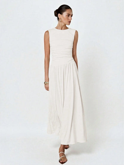 Aveloria Modichic White Minimalist Elegant Pleated Round Neck Sleeveless Dress