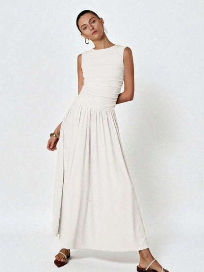 Aveloria Modichic White Minimalist Elegant Pleated Round Neck Sleeveless Dress
