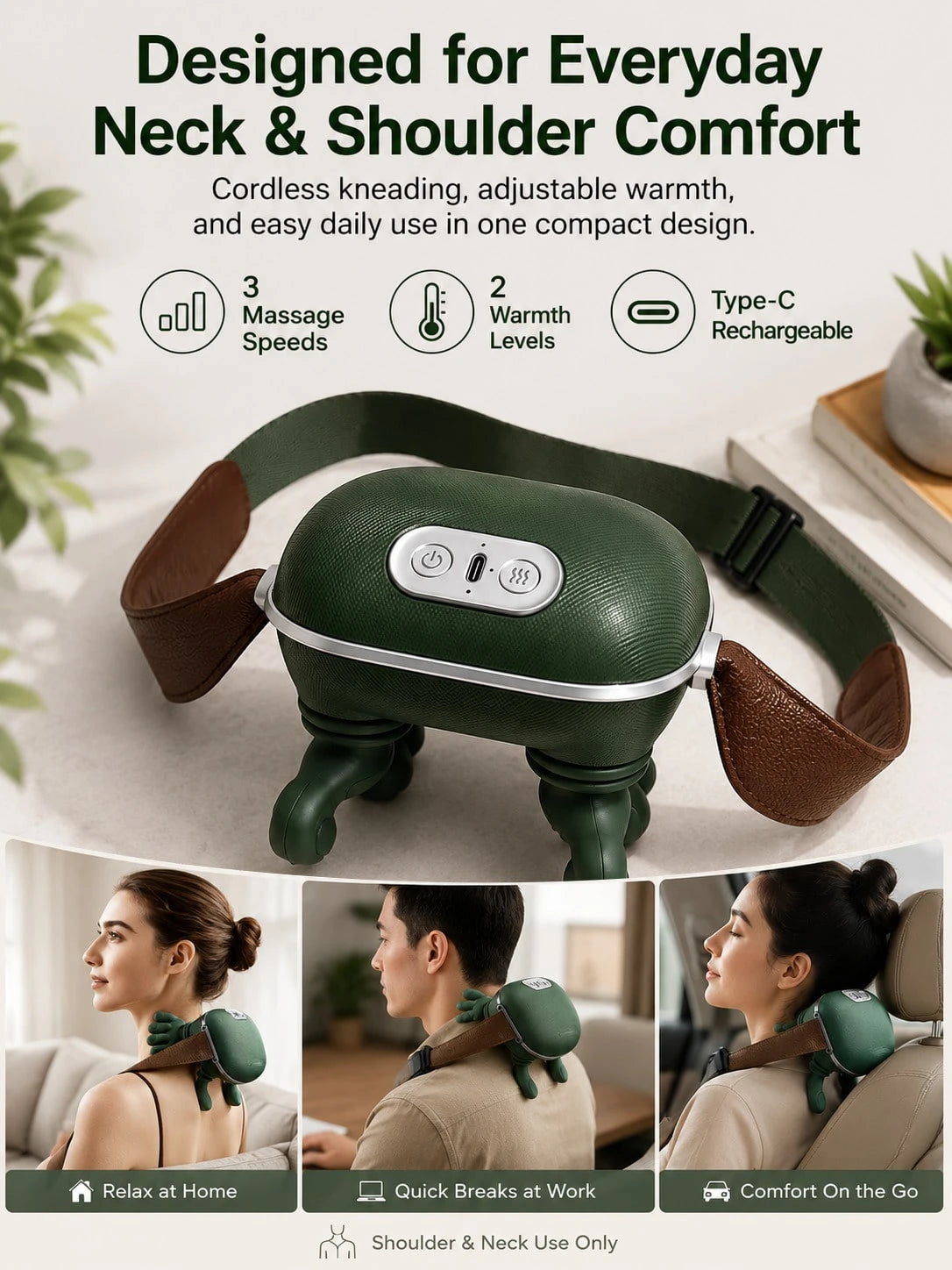 Avocado Green Imitate Human Hand Kneading Cervical Massage Pillow, Multi-Mode Hot Compress Shoulder And Neck Massager, Neck And Shoulder Relief Device For Home, Office And Car Use