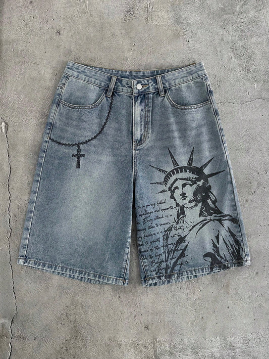 AXEPEAK Men's Casual Versatile Everyday Denim Shorts With Pockets, Cross & Slogan Graphic