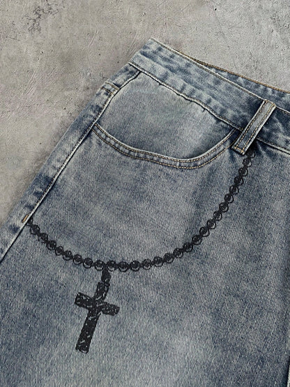 AXEPEAK Men's Casual Versatile Everyday Denim Shorts With Pockets, Cross & Slogan Graphic