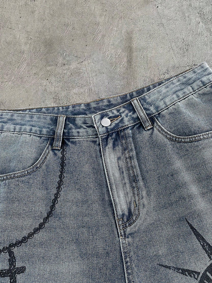 AXEPEAK Men's Casual Versatile Everyday Denim Shorts With Pockets, Cross & Slogan Graphic