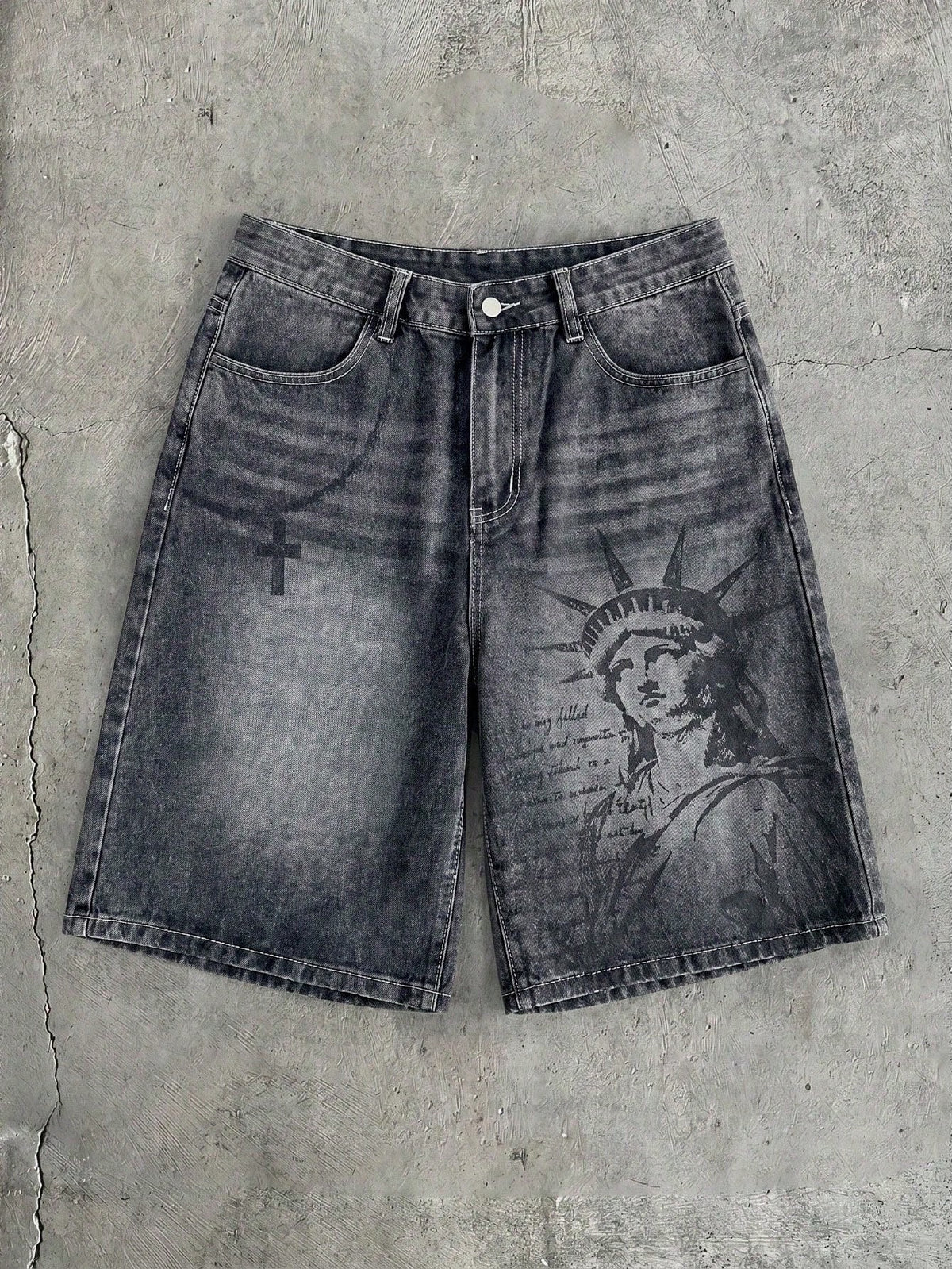 AXEPEAK Men's Casual Versatile Everyday Denim Shorts With Pockets, Cross & Slogan Graphic