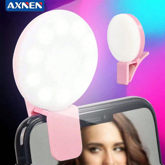 AXNEN 1pc Clip-On Round Portable Selfie Light, Mini Selfie Ring Light, Rechargeable Battery With 3 Adjustable Brightness Levels, 2-8 Hours Battery Life, Suitable For IOS/Android Phone Photography, Vid