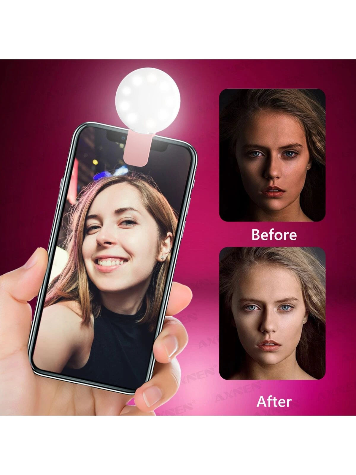 AXNEN 1pc Clip-On Round Portable Selfie Light, Mini Selfie Ring Light, Rechargeable Battery With 3 Adjustable Brightness Levels, 2-8 Hours Battery Life, Suitable For IOS/Android Phone Photography, Vid