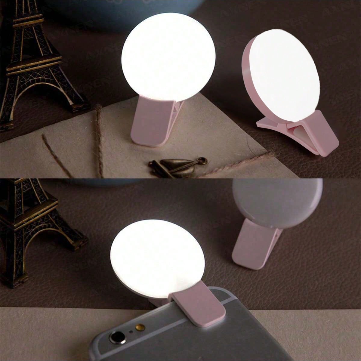 AXNEN 1pc Clip-On Round Portable Selfie Light, Mini Selfie Ring Light, Rechargeable Battery With 3 Adjustable Brightness Levels, 2-8 Hours Battery Life, Suitable For IOS/Android Phone Photography, Vid