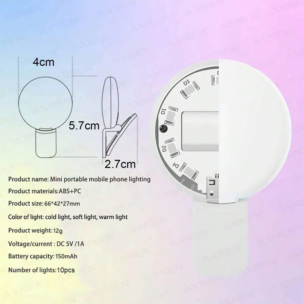 AXNEN 1pc Clip-On Round Portable Selfie Light, Mini Selfie Ring Light, Rechargeable Battery With 3 Adjustable Brightness Levels, 2-8 Hours Battery Life, Suitable For IOS/Android Phone Photography, Vid