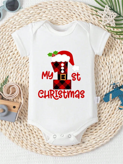 AYJK7 MY 1ST Christmas Hat Print Funny Newborn Clothes 100% Cotton Triangle Jumpsuit, Casual Comfortable Short Sleeve Baby Romper