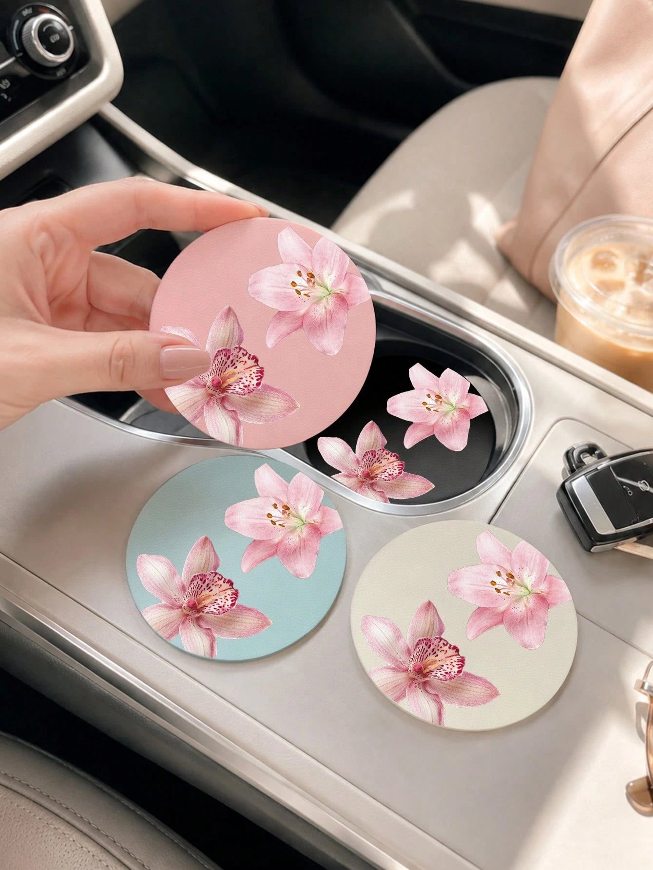 Ayotu 2pcs Pink Hawaiian Car Coaster, Auto Accessories, Car Supplies, Women's Car Accessories, Car Decor, Car Cup Holder Pad, Non-Slip Cup Holder Embedded Decorative Coasters, Car Interior Accessories