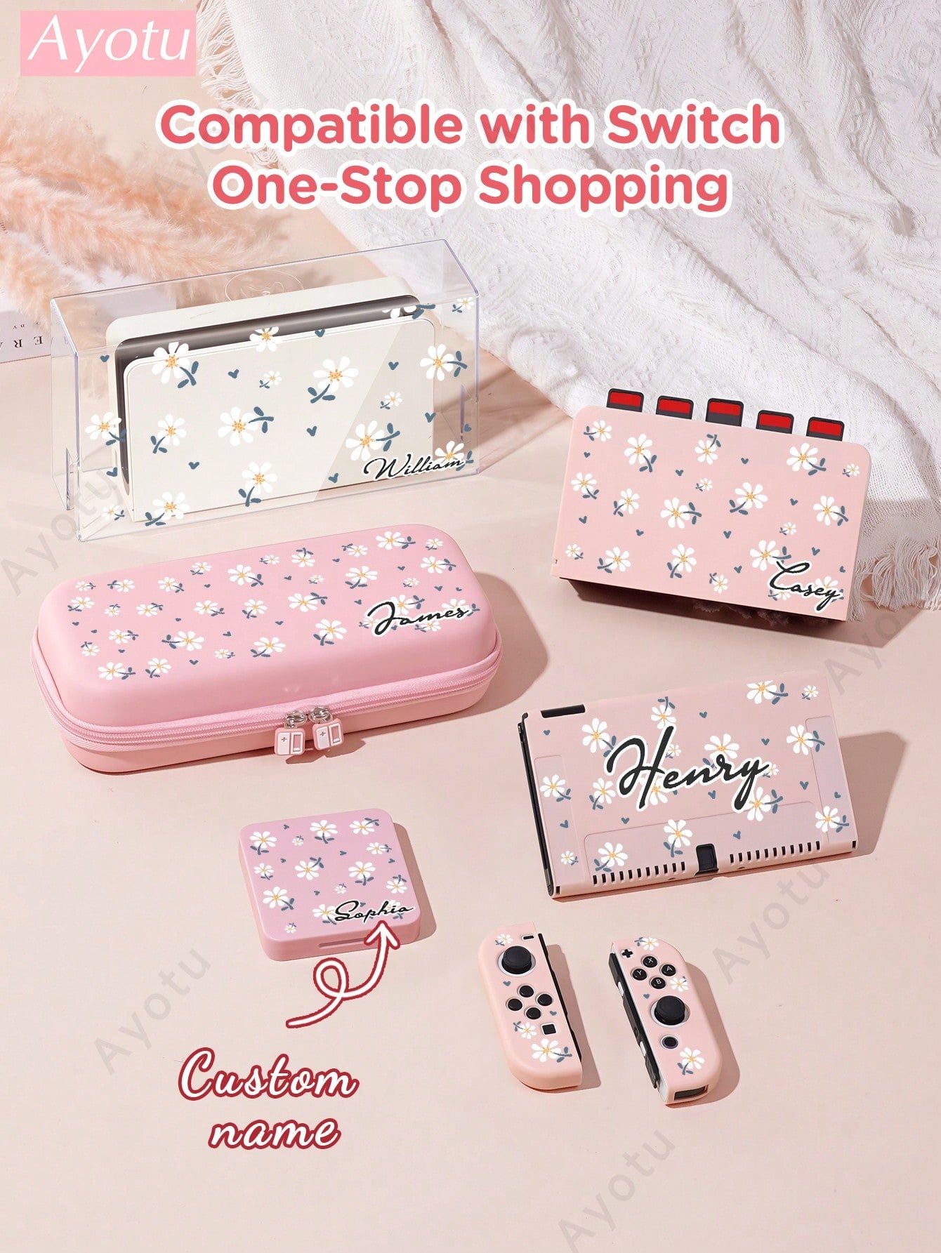 Ayotu Customizable Text & Name Compatible With Nintendo Switch/OLED/Lite Consoles & Accessories Set. Includes Protective Case, Storage Bag, Base Shell, Console Cover, Game Card Case, Controller Cover
