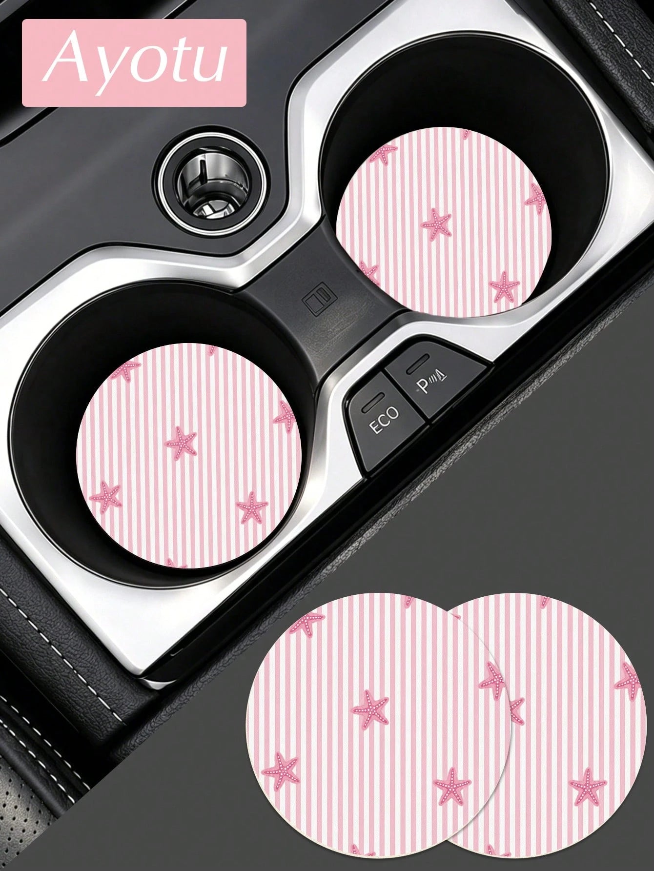 Ayotu Set Of 2 PU Leather Car Cup Coaster, Aesthetic Car Accessories, Luxury Interior Decor, Non Slip Waterproof Cup Holder Mat, Stylish Vehicle Decoration For Women Drivers