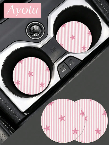 Ayotu Set Of 2 PU Leather Car Cup Coaster, Aesthetic Car Accessories, Luxury Interior Decor, Non Slip Waterproof Cup Holder Mat, Stylish Vehicle Decoration For Women Drivers