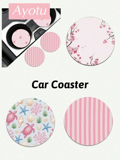 Ayotu Set Of 2 PU Leather Car Cup Coaster, Aesthetic Car Accessories, Luxury Interior Decor, Non Slip Waterproof Cup Holder Mat, Stylish Vehicle Decoration For Women Drivers