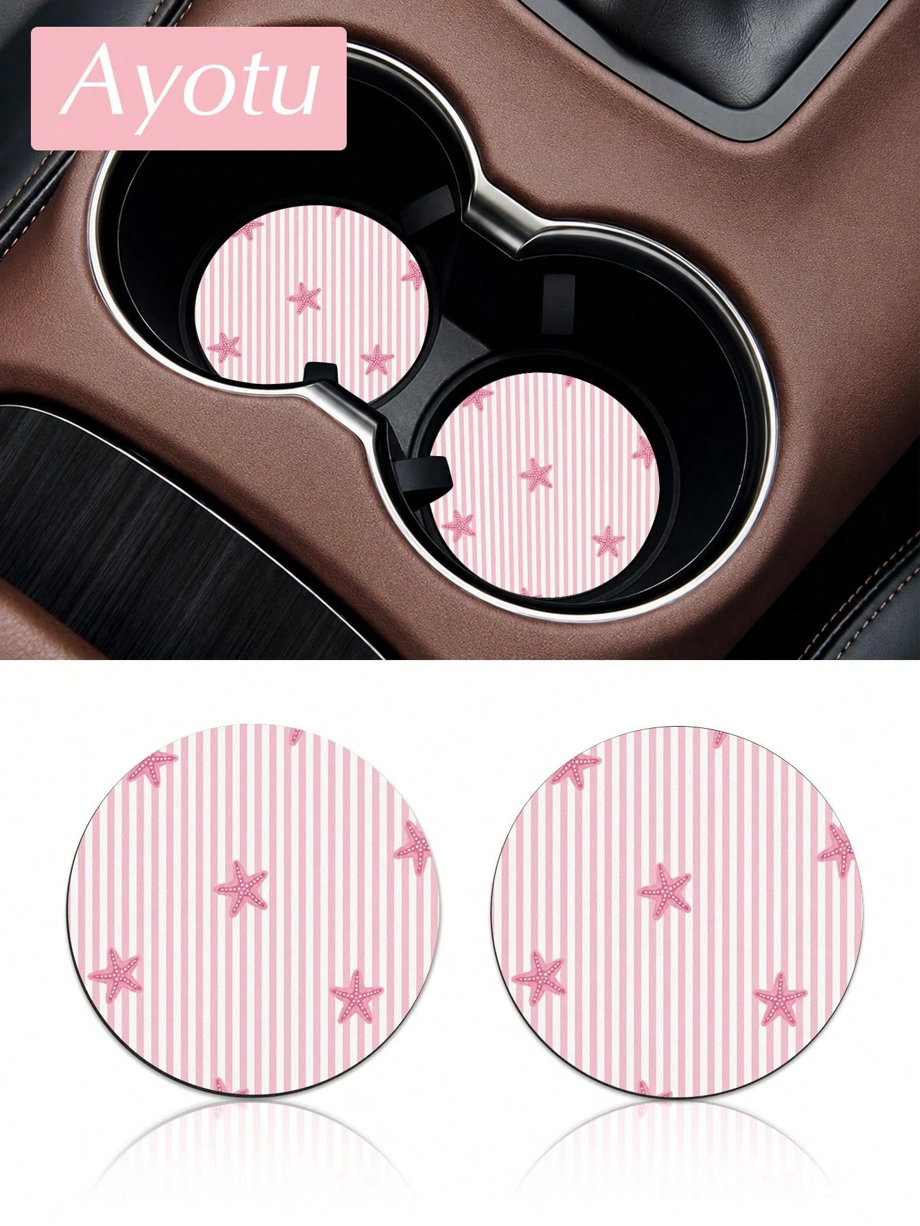 Ayotu Set Of 2 PU Leather Car Cup Coaster, Aesthetic Car Accessories, Luxury Interior Decor, Non Slip Waterproof Cup Holder Mat, Stylish Vehicle Decoration For Women Drivers