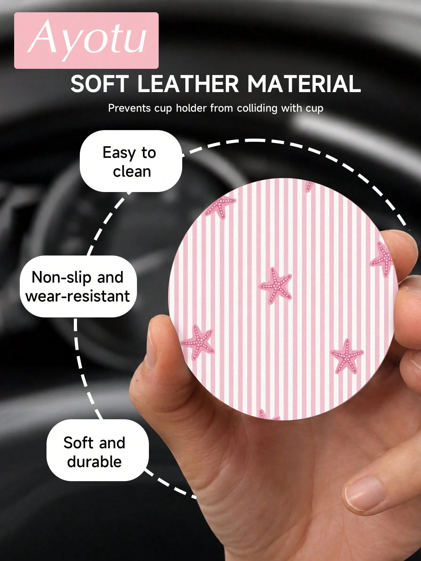 Ayotu Set Of 2 PU Leather Car Cup Coaster, Aesthetic Car Accessories, Luxury Interior Decor, Non Slip Waterproof Cup Holder Mat, Stylish Vehicle Decoration For Women Drivers