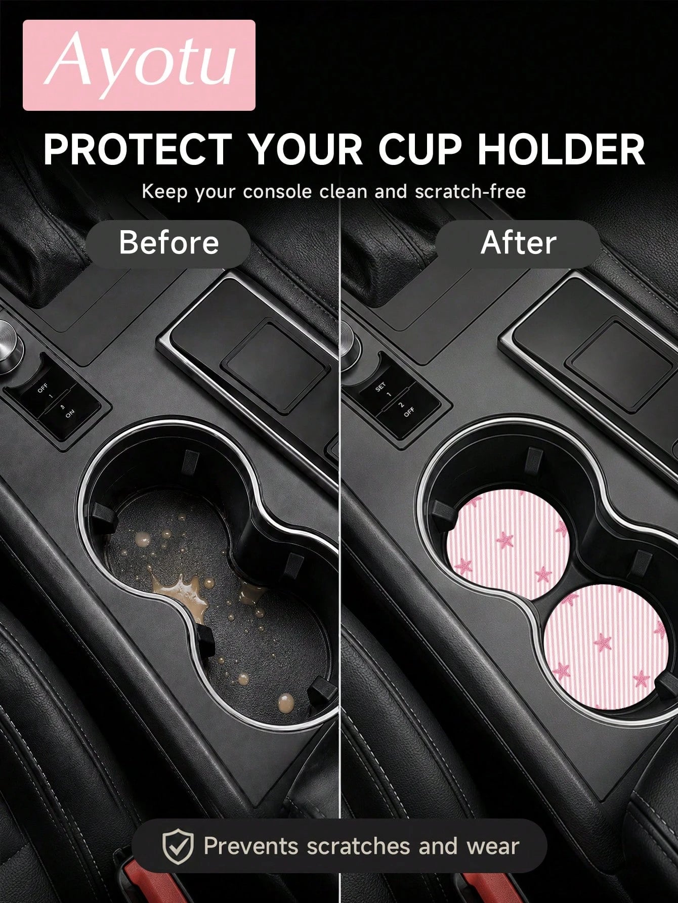 Ayotu Set Of 2 PU Leather Car Cup Coaster, Aesthetic Car Accessories, Luxury Interior Decor, Non Slip Waterproof Cup Holder Mat, Stylish Vehicle Decoration For Women Drivers