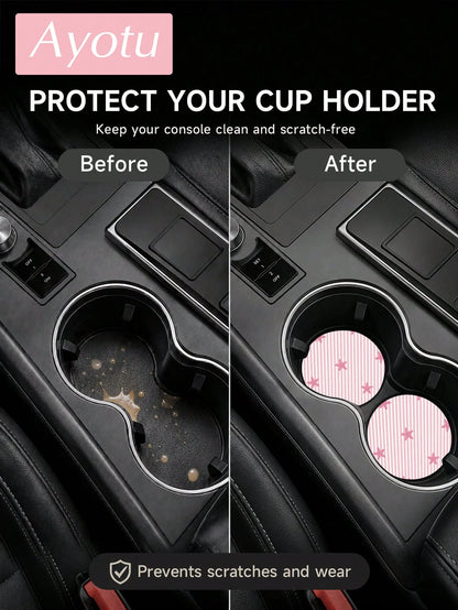 Ayotu Set Of 2 PU Leather Car Cup Coaster, Aesthetic Car Accessories, Luxury Interior Decor, Non Slip Waterproof Cup Holder Mat, Stylish Vehicle Decoration For Women Drivers