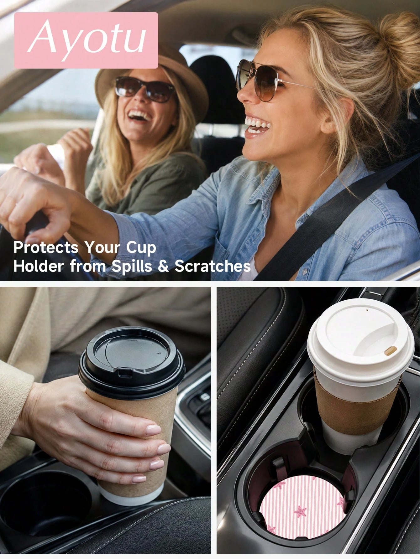 Ayotu Set Of 2 PU Leather Car Cup Coaster, Aesthetic Car Accessories, Luxury Interior Decor, Non Slip Waterproof Cup Holder Mat, Stylish Vehicle Decoration For Women Drivers