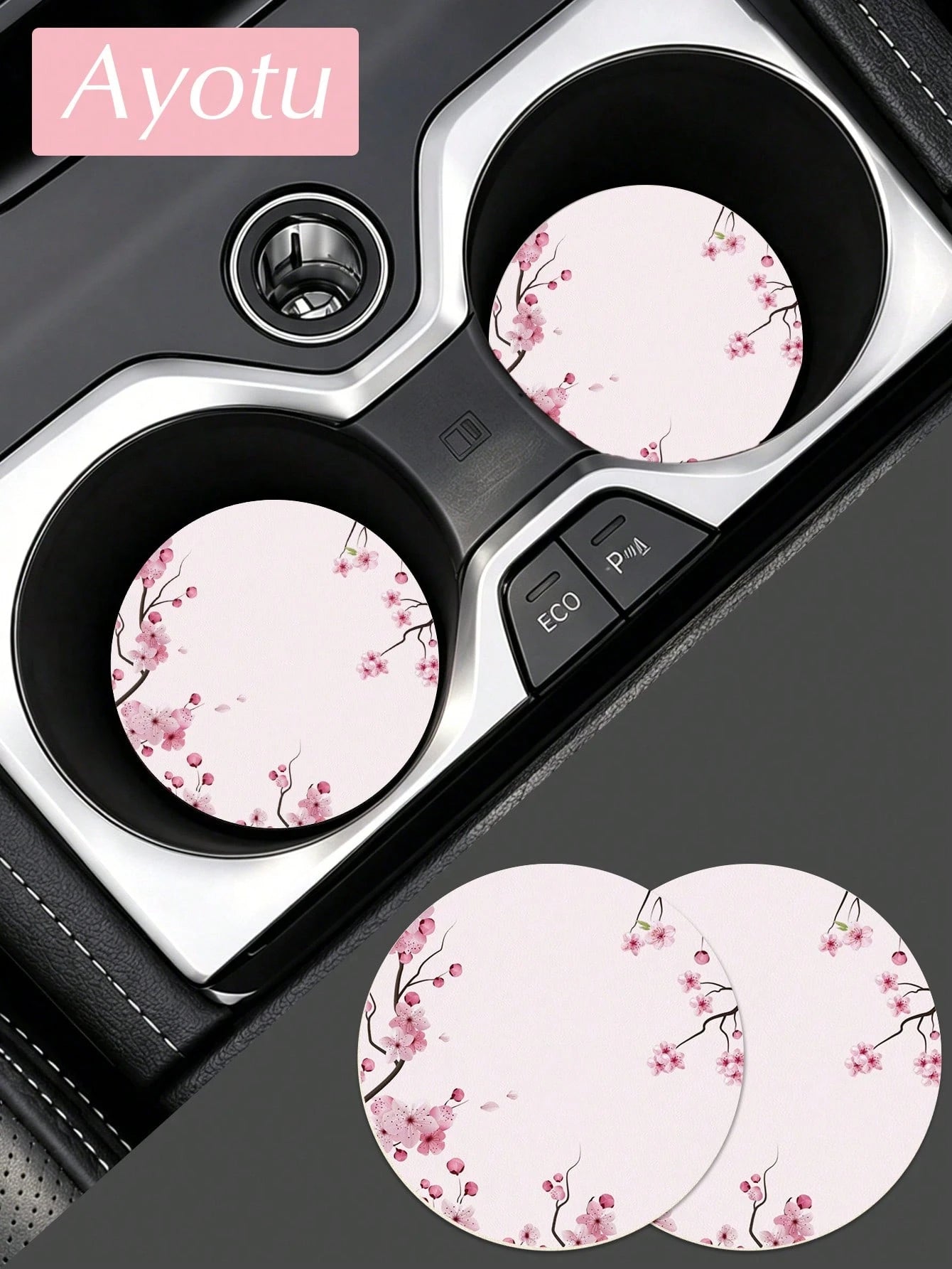 Ayotu Set Of 2 PU Leather Car Cup Coaster, Aesthetic Car Accessories, Luxury Interior Decor, Non Slip Waterproof Cup Holder Mat, Stylish Vehicle Decoration For Women Drivers