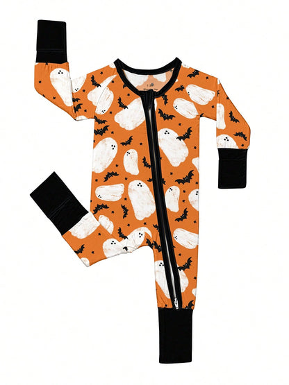 Baby Bamboo Fiber Zip-Up, Ghost Bat Print Romper, All-Season Knit Fabric Skinny Fit With Zipper Detail, Boy Baby Girl Clothes, Perfect For Halloween Outdoor