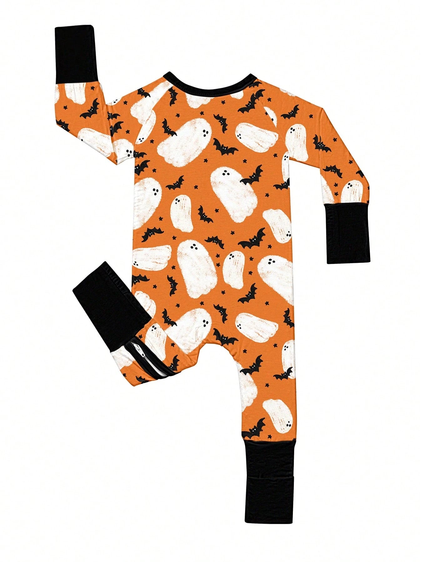 Baby Bamboo Fiber Zip-Up, Ghost Bat Print Romper, All-Season Knit Fabric Skinny Fit With Zipper Detail, Boy Baby Girl Clothes, Perfect For Halloween Outdoor