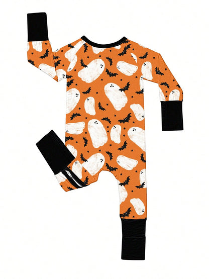 Baby Bamboo Fiber Zip-Up, Ghost Bat Print Romper, All-Season Knit Fabric Skinny Fit With Zipper Detail, Boy Baby Girl Clothes, Perfect For Halloween Outdoor