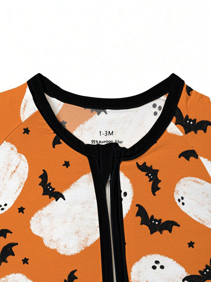 Baby Bamboo Fiber Zip-Up, Ghost Bat Print Romper, All-Season Knit Fabric Skinny Fit With Zipper Detail, Boy Baby Girl Clothes, Perfect For Halloween Outdoor