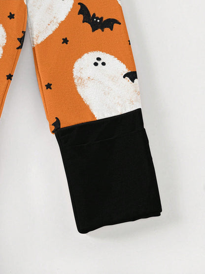 Baby Bamboo Fiber Zip-Up, Ghost Bat Print Romper, All-Season Knit Fabric Skinny Fit With Zipper Detail, Boy Baby Girl Clothes, Perfect For Halloween Outdoor